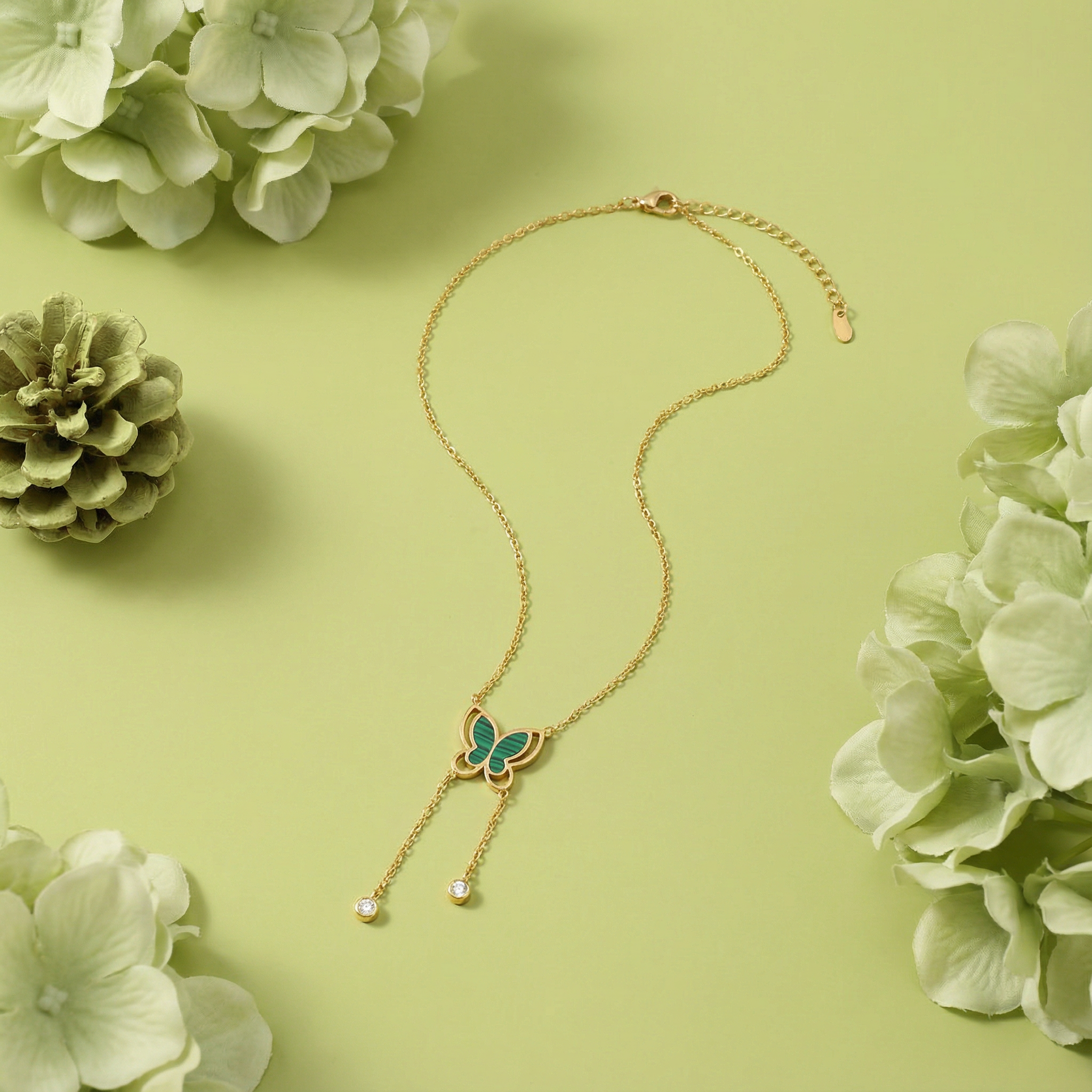 Emerald Butterfly Drop 18 Carat Gold Finished PVD Coated Anti-Tarnish Necklace