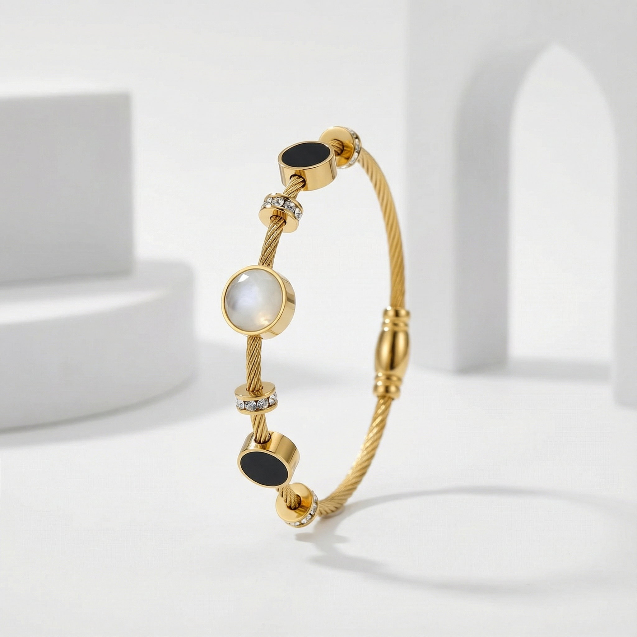 Celestial Pearl & Onyx Gold 18 Carat Gold Finished PVD Coated Anti-Tarnish Bracelet