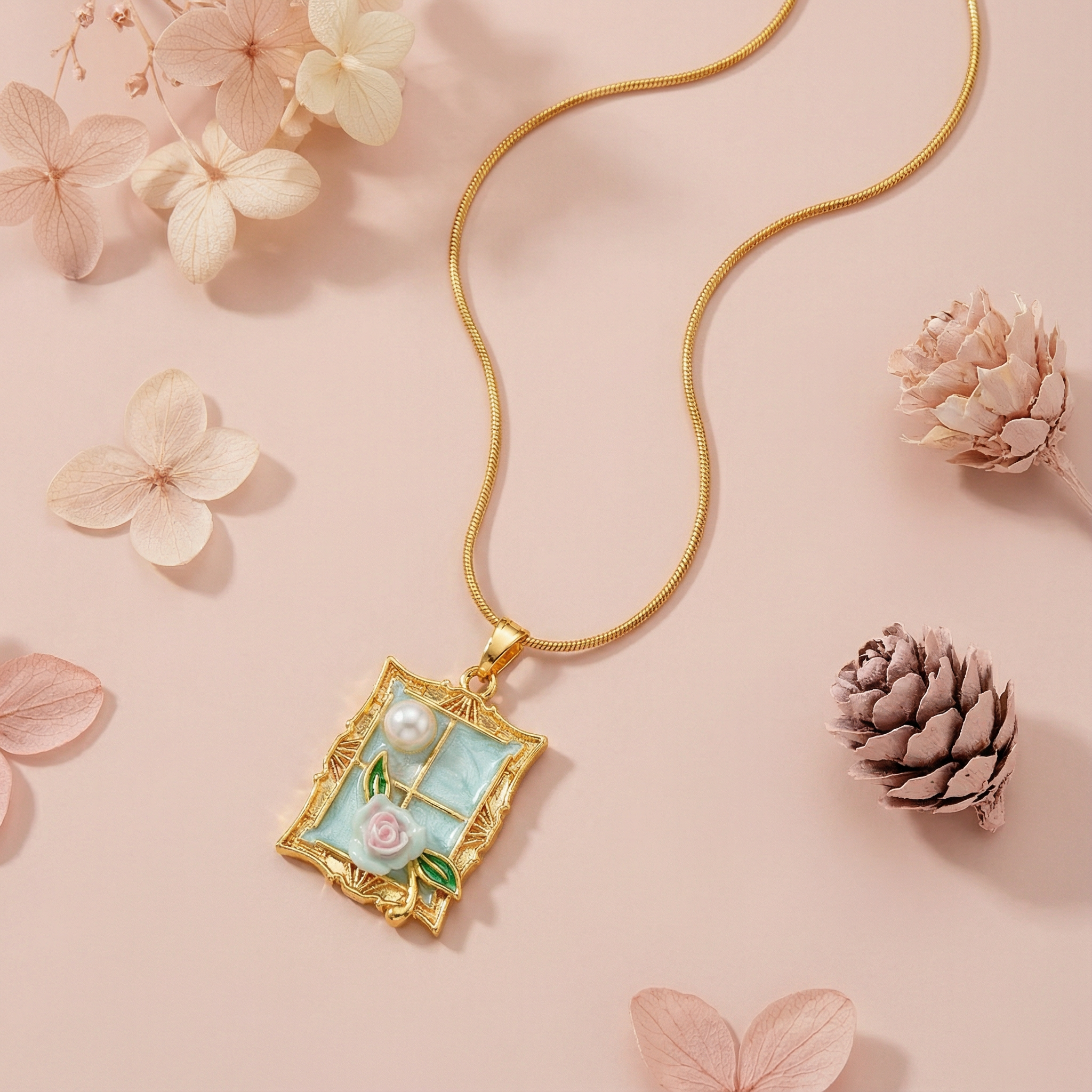 Vintage Rose Window Locket 18 Carat Gold Finished PVD Coated Anti-Tarnish Necklace