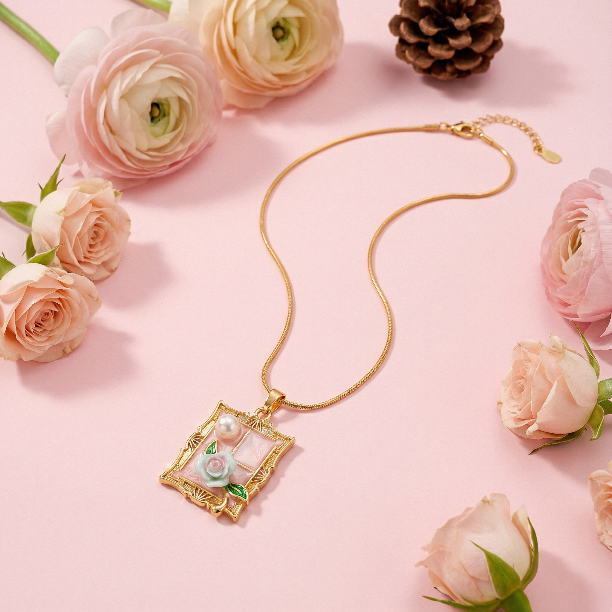 Blush Rose Window Locket 18 Carat Gold Finished PVD Coated Anti-Tarnish Necklace