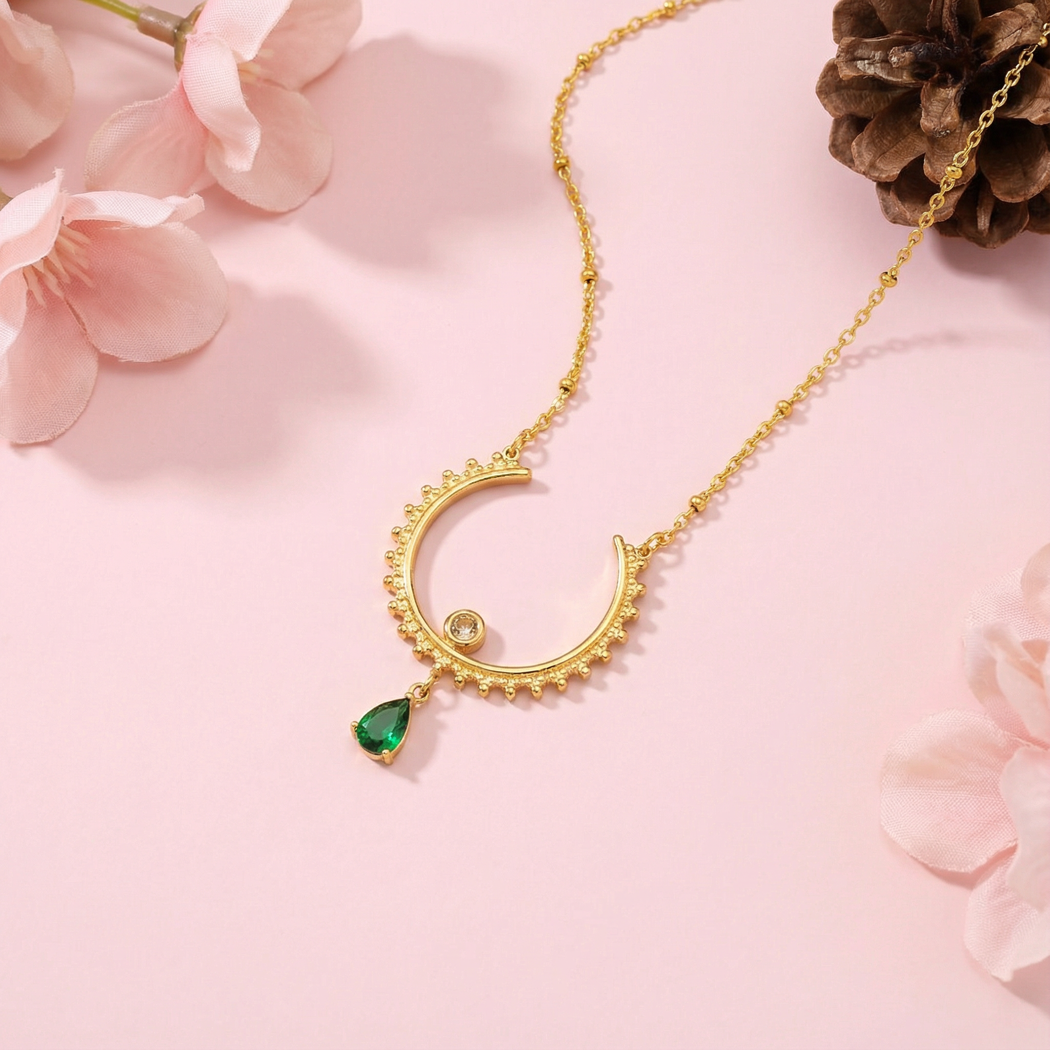 Emerald Crescent Drop 18 Carat Gold Finished PVD Coated Anti-Tarnish Necklace