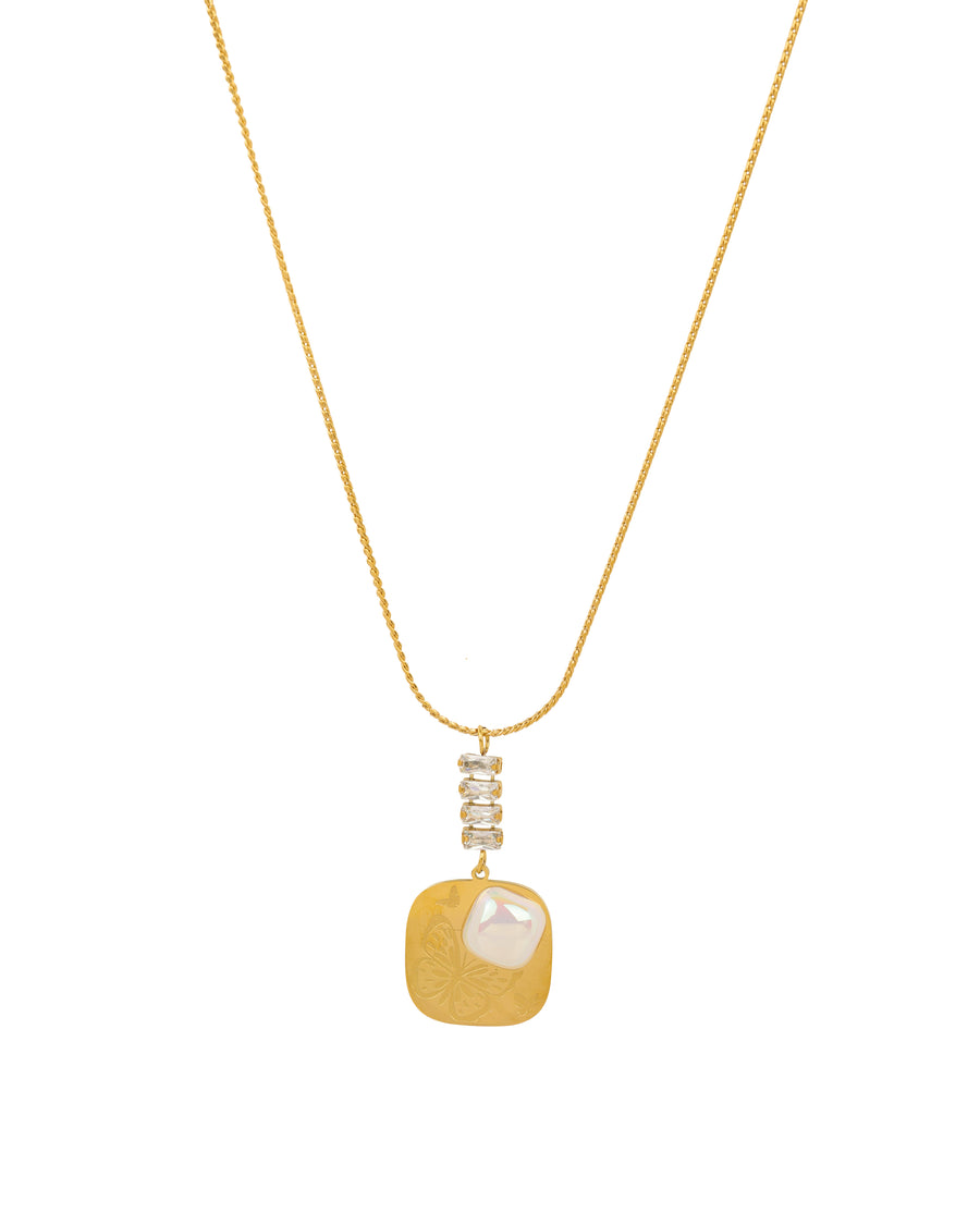 Gold chain necklace with a square gold pendant featuring engraved butterflies and a pearl accent