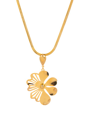 Gold-tone flower pendant necklace with intricate cutout design on chain