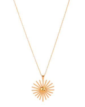Gold-tone sunburst pendant necklace with a shiny central dome on a fine chain