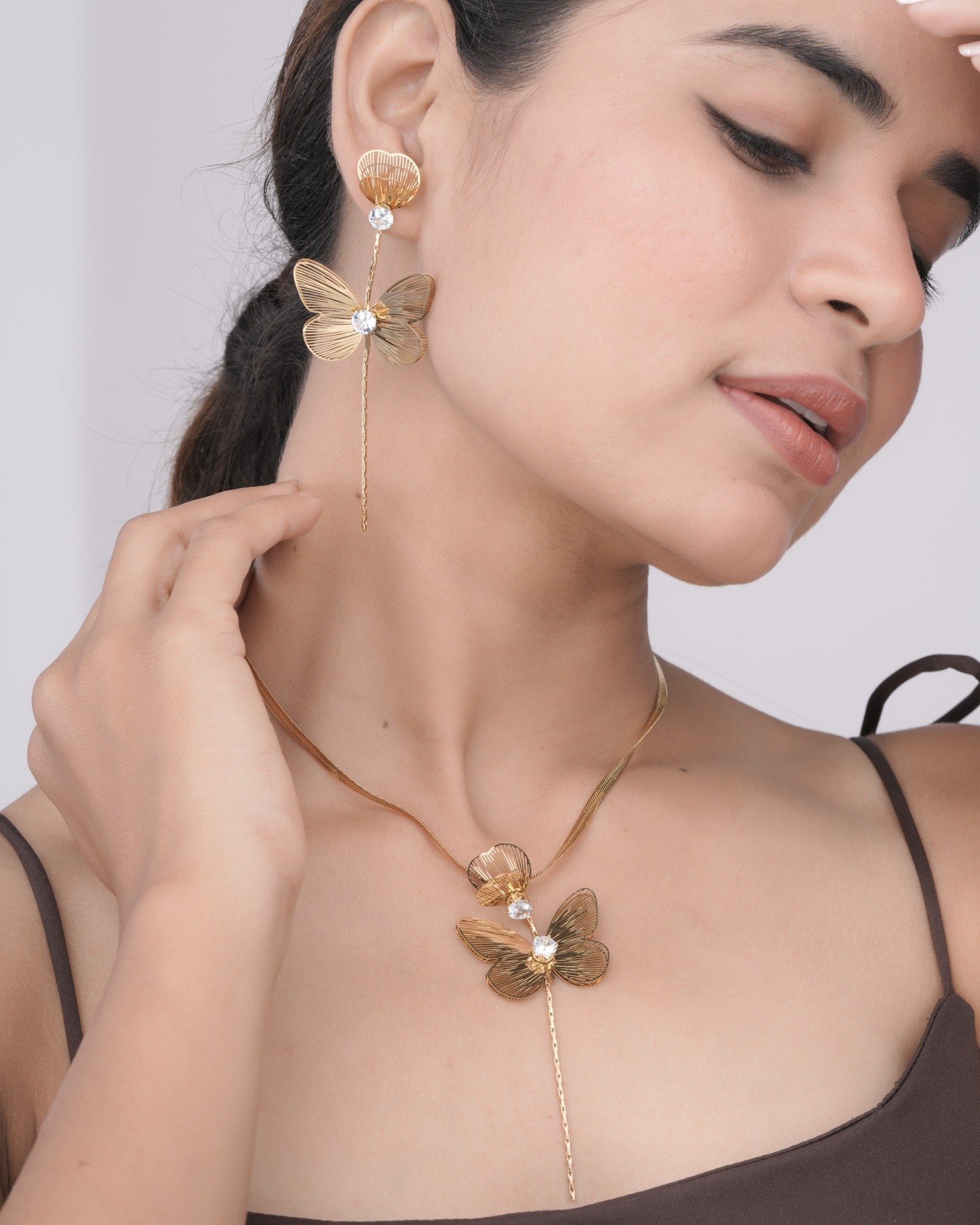 Crystal Butterfly Cascade 18 Carat Gold Finished PVD Coated Anti-Tarnish Set