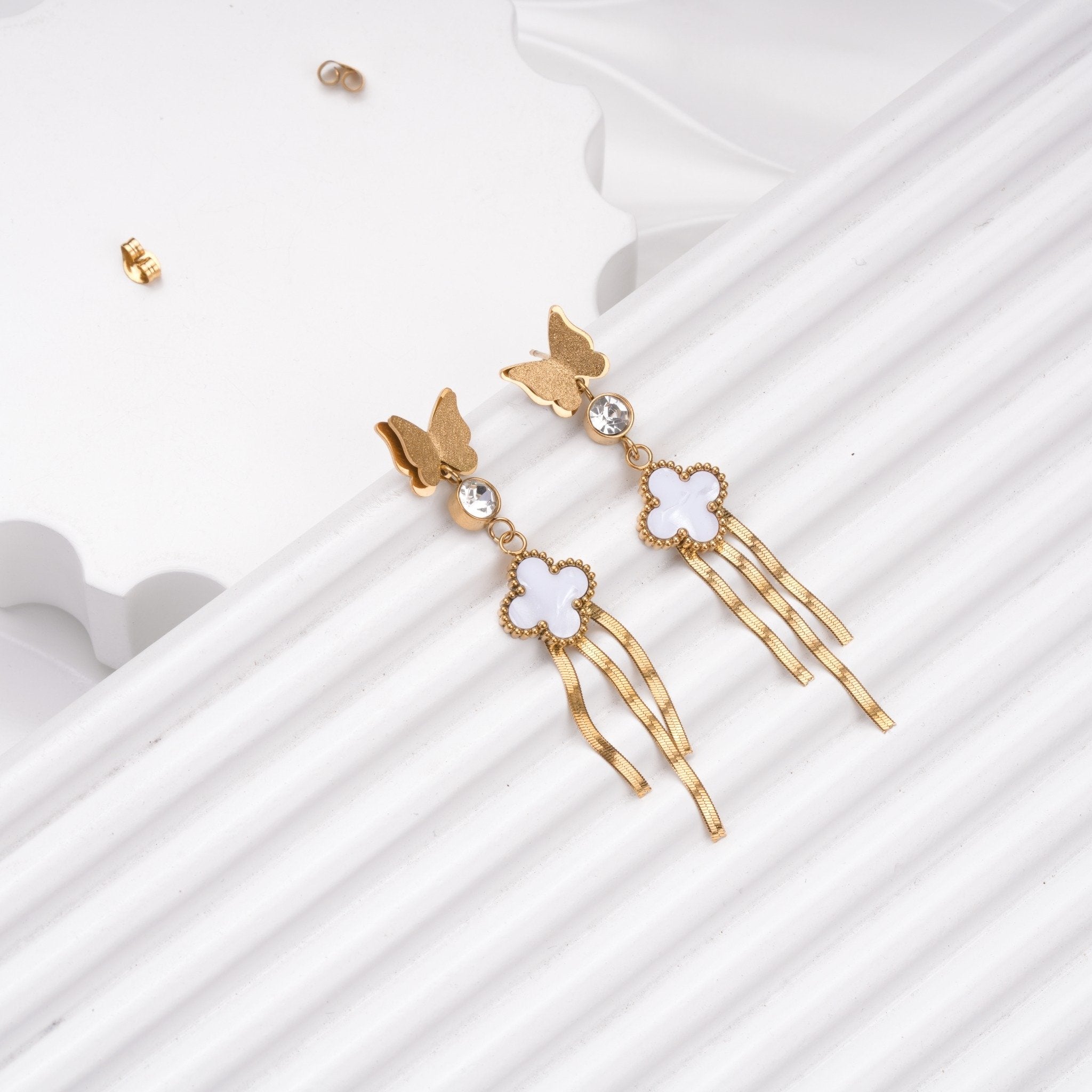 Butterfly Clover Tassel Drops 18 Carat Gold Finished PVD Coated Anti-Tarnish Earrings