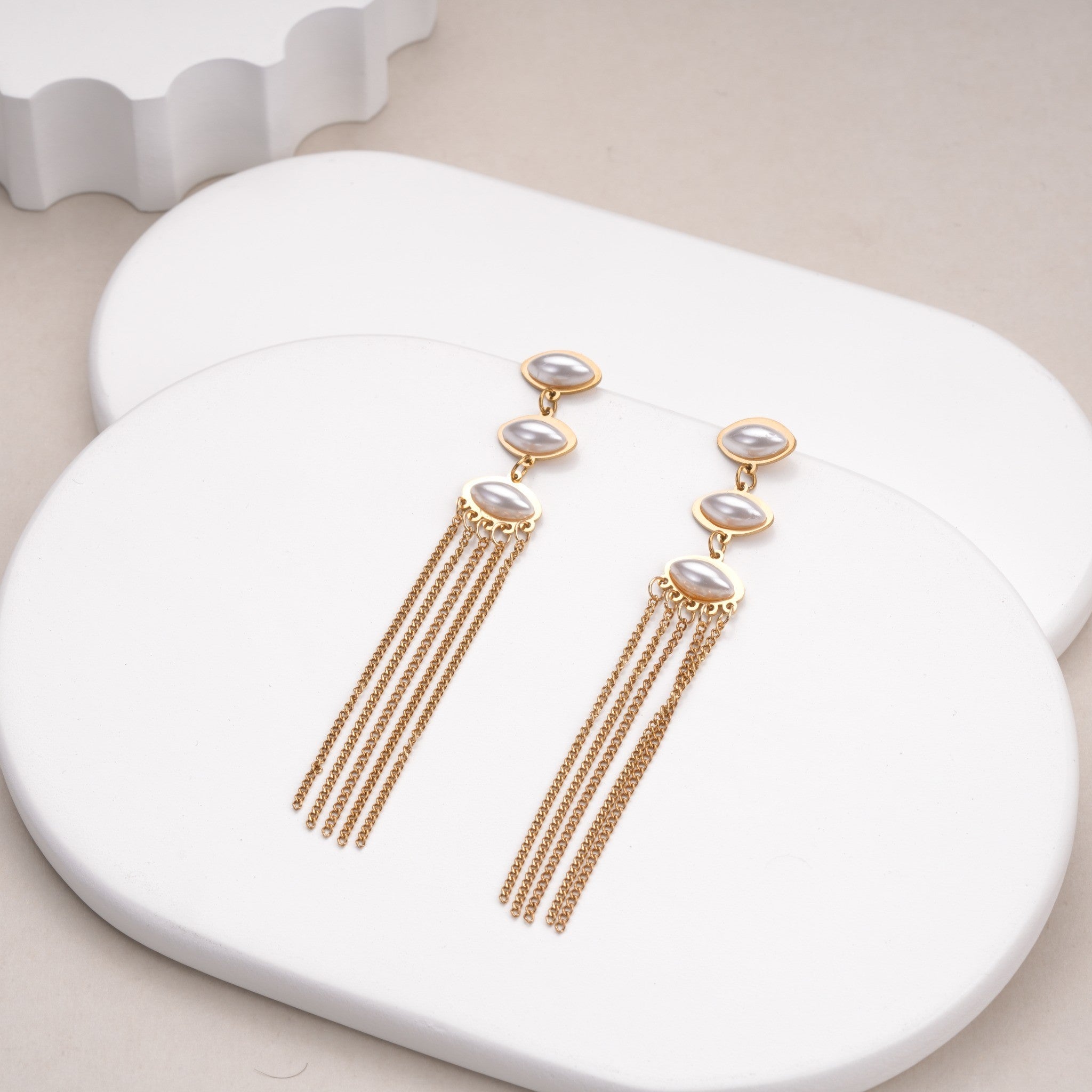 Aurielle Pearl Chainfall 18 Carat Gold Finished PVD Coated Anti-Tarnish Earrings