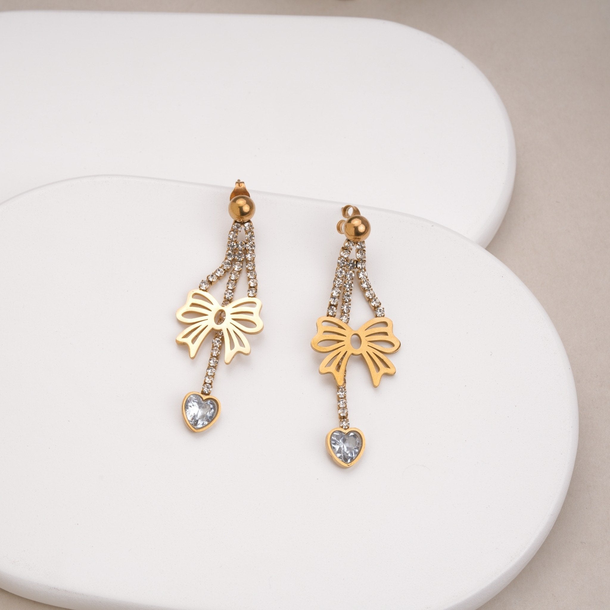 Bow of Hearts Drop 18 Carat Gold Finished PVD Coated Anti-Tarnish Earrings