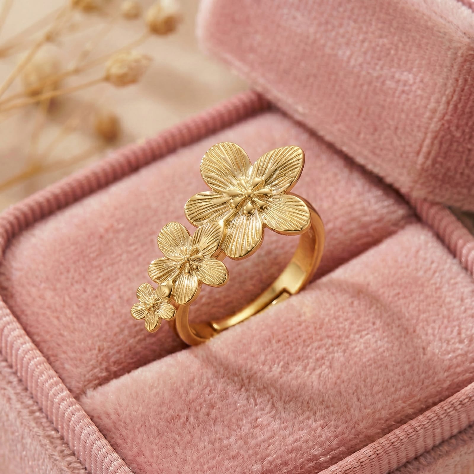 Golden Blossom Trio 18 Carat Gold Finished PVD Coated Anti-Tarnish Ring