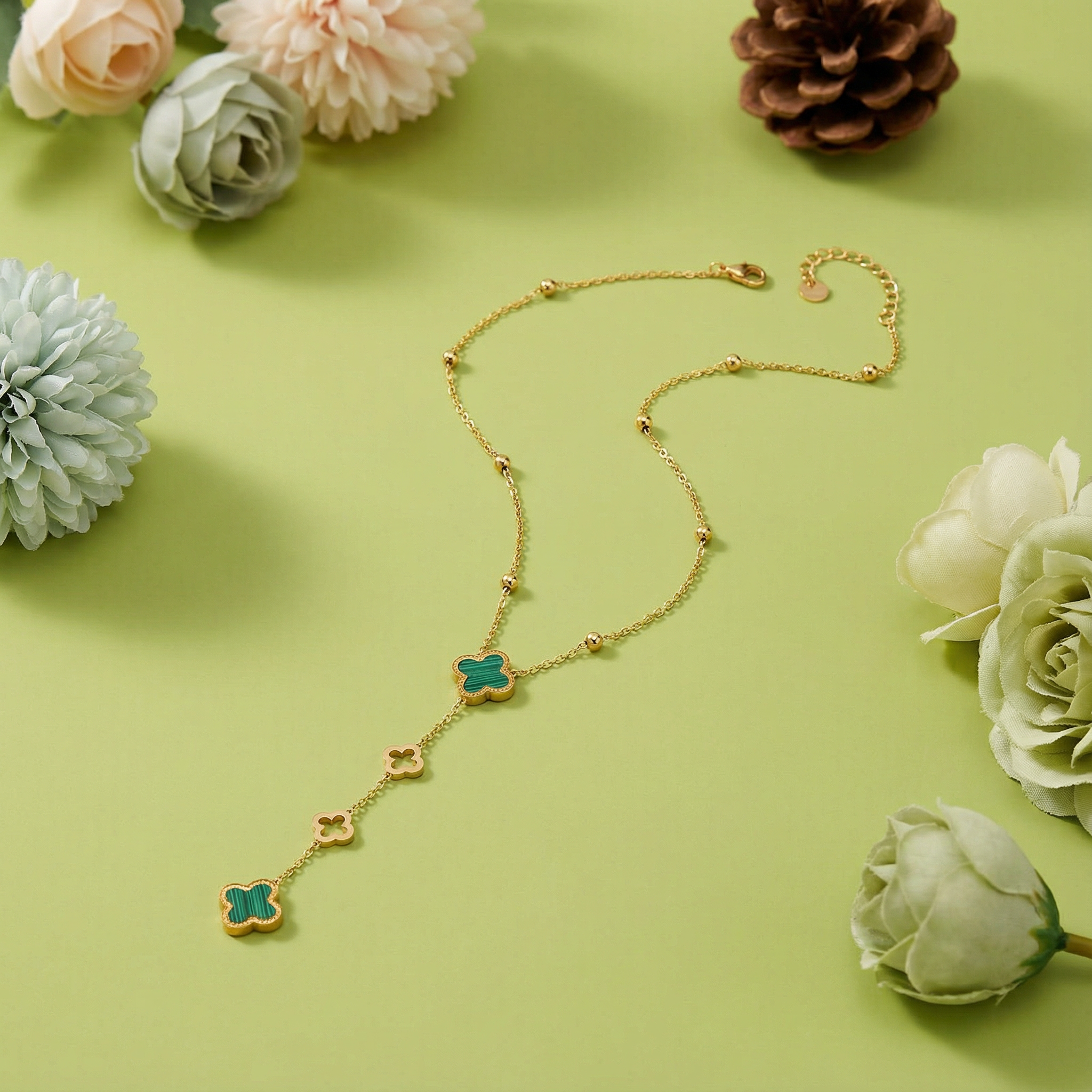 Emerald Clover Drop 18 Carat Gold Finished PVD Coated Anti-Tarnish Necklace