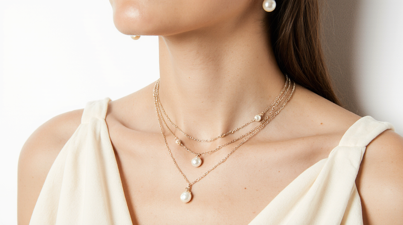 Woman wearing layered gold chain necklaces with pearl pendants and matching pearl earrings, styled with a cream sleeveless top