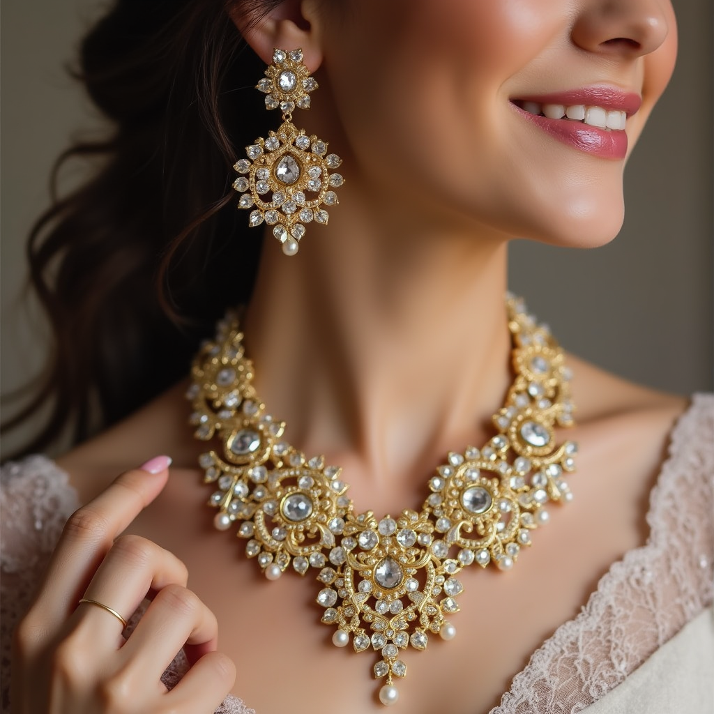 Bride wearing gold-toned bridal artificial jewellery set with intricate sparkling stones and pearls