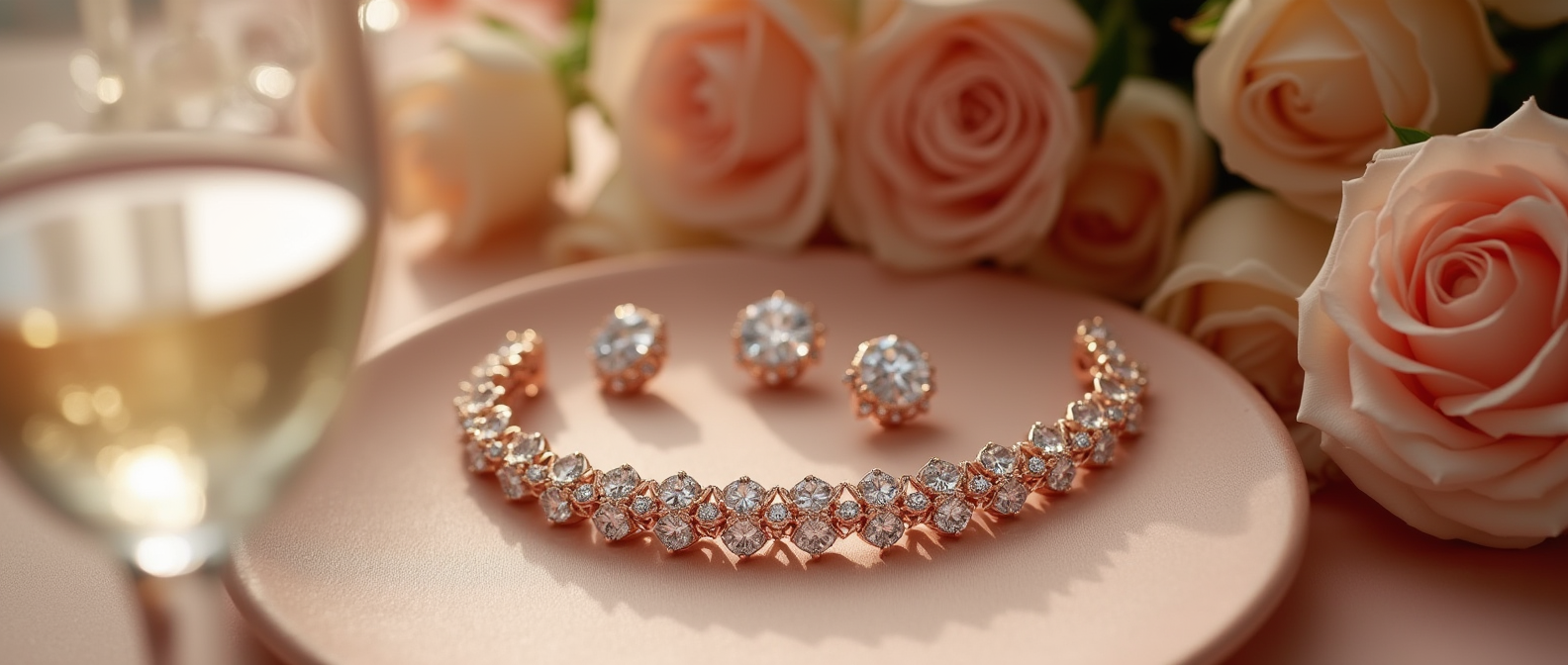 Italian-inspired rose gold choker necklace and matching stud earrings with pavé diamond-style stones on a plate with peach roses