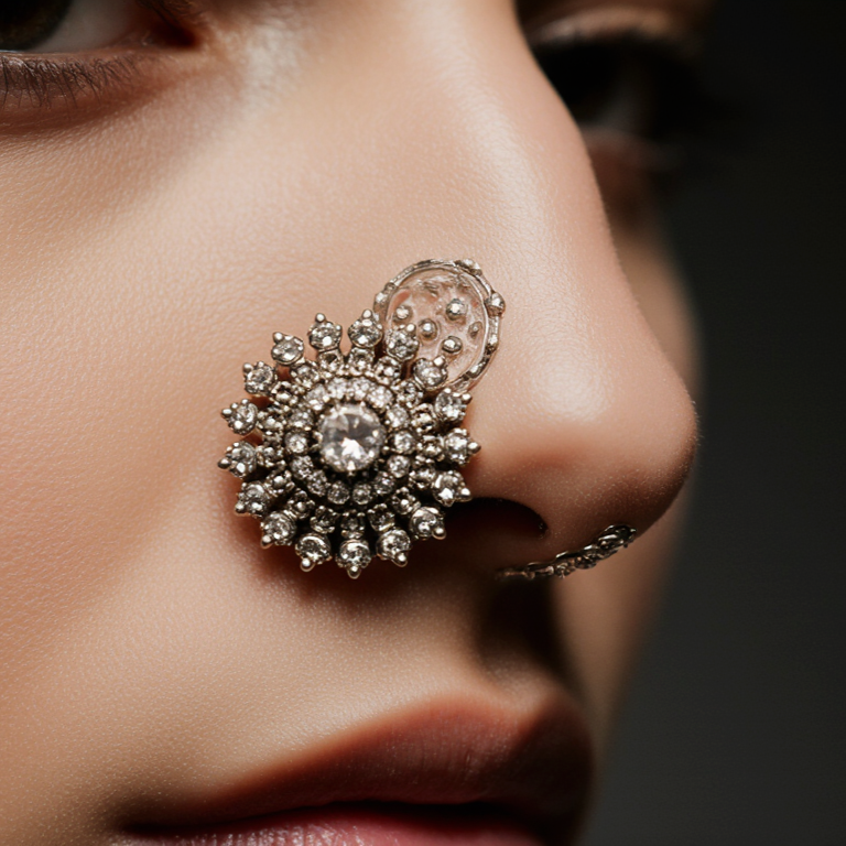 Close-up of a person's nose wearing an ornate, silver nose ring with intricate floral design and embedded crystals