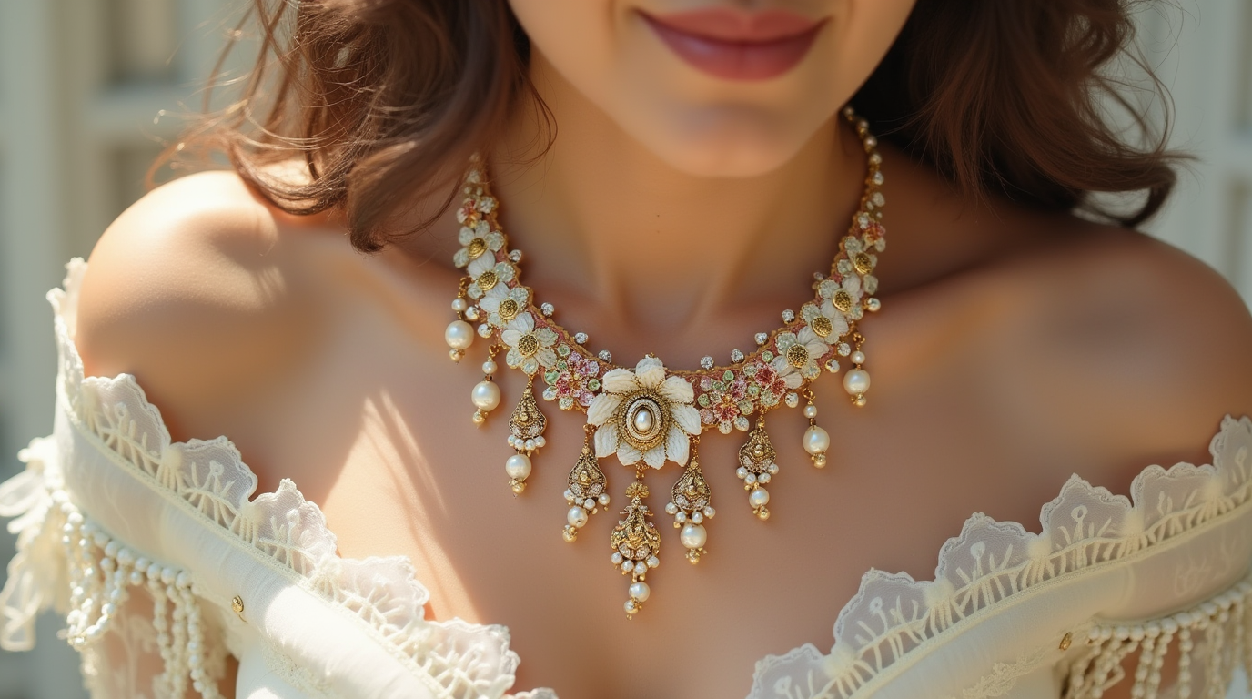 Close-up of a woman wearing a floral pearl and gold choker necklace with a white lace off-shoulder dress