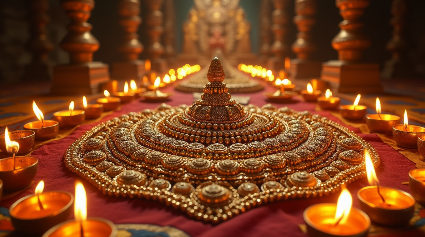 Traditional South Indian temple jewellery centerpiece surrounded by lit oil lamps on red cloth