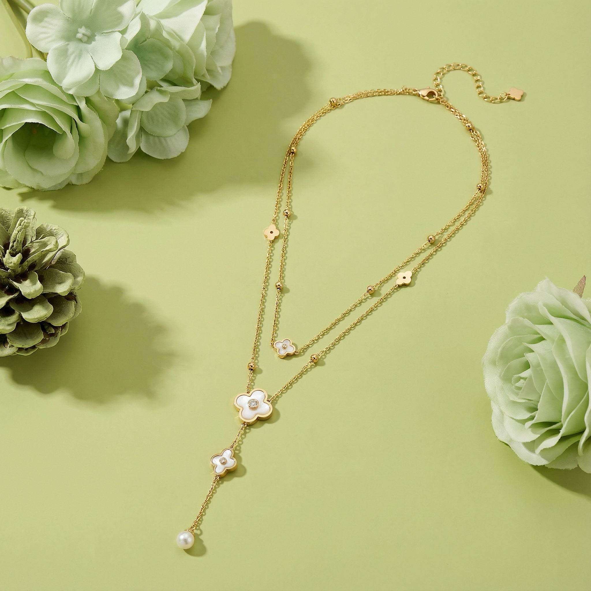 Pearl Clover Grace Drop 18 Carat Gold Finished PVD Coated Anti-Tarnish Necklace