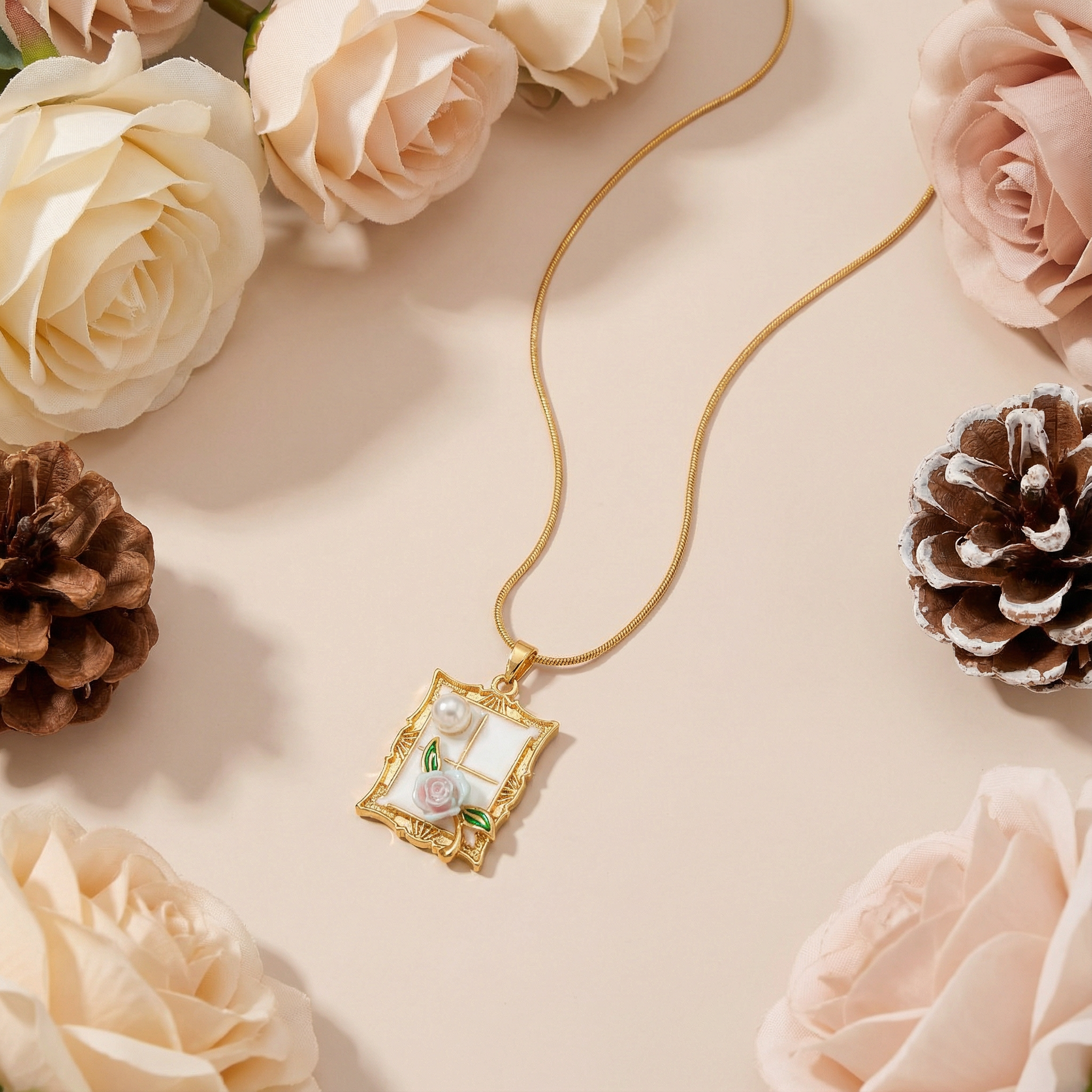 Ivory Rose Window Locket 18 Carat Gold Finished PVD Coated Anti-Tarnish Necklace