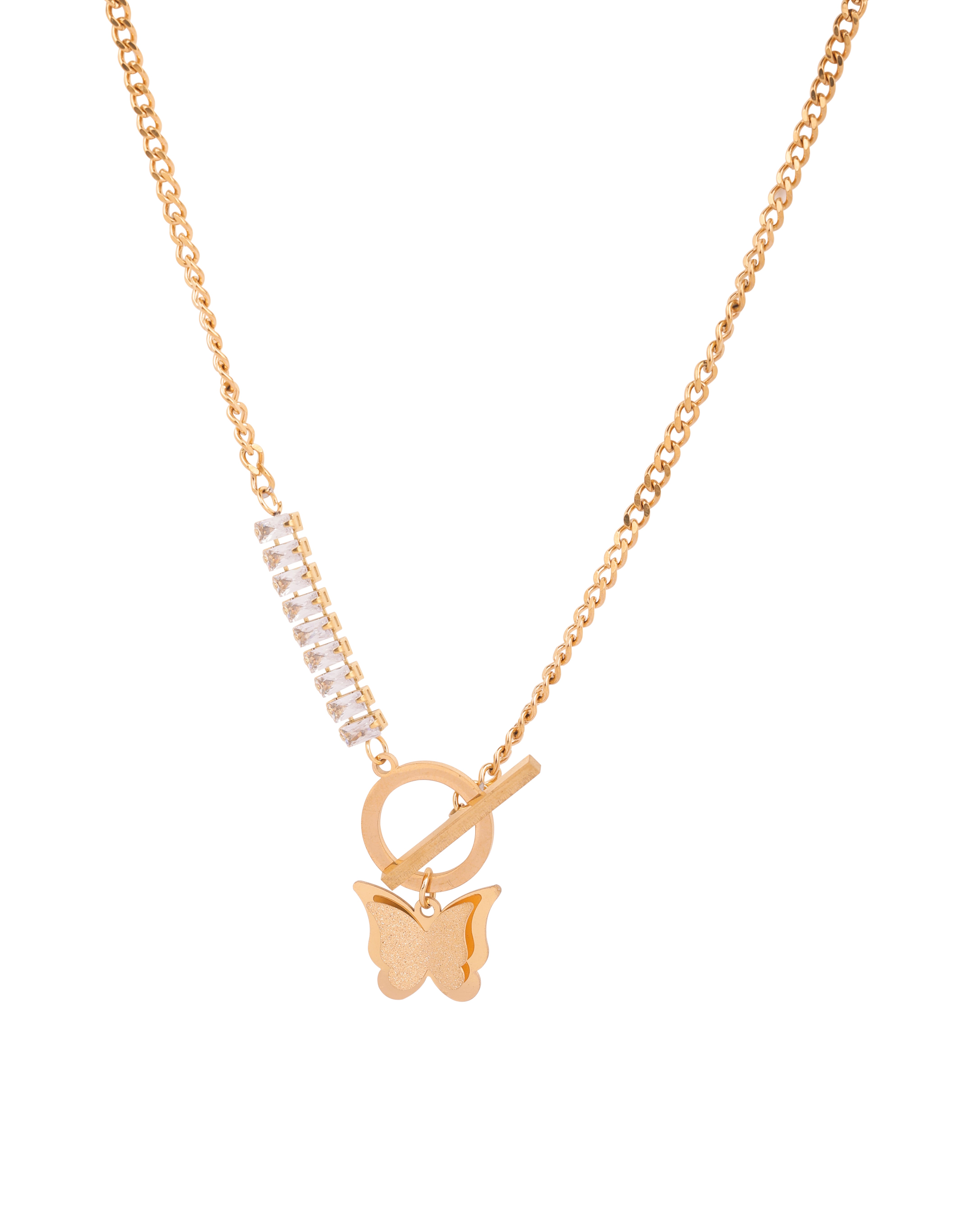 Gold-toned chain necklace with toggle clasp, adorned with clear crystals and a butterfly charm