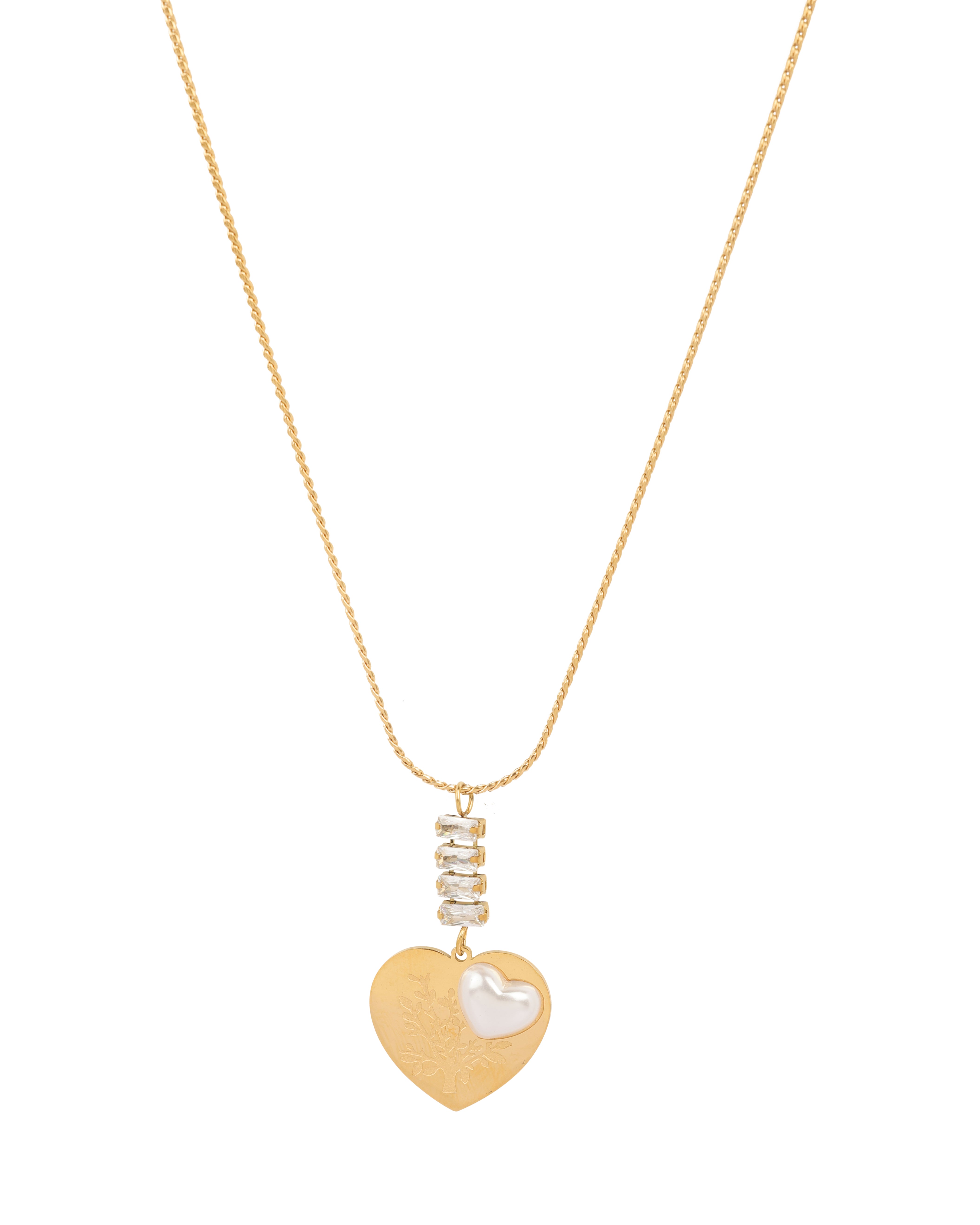 Gold heart pendant necklace with engraved tree design, small pearl heart, and rectangular crystals