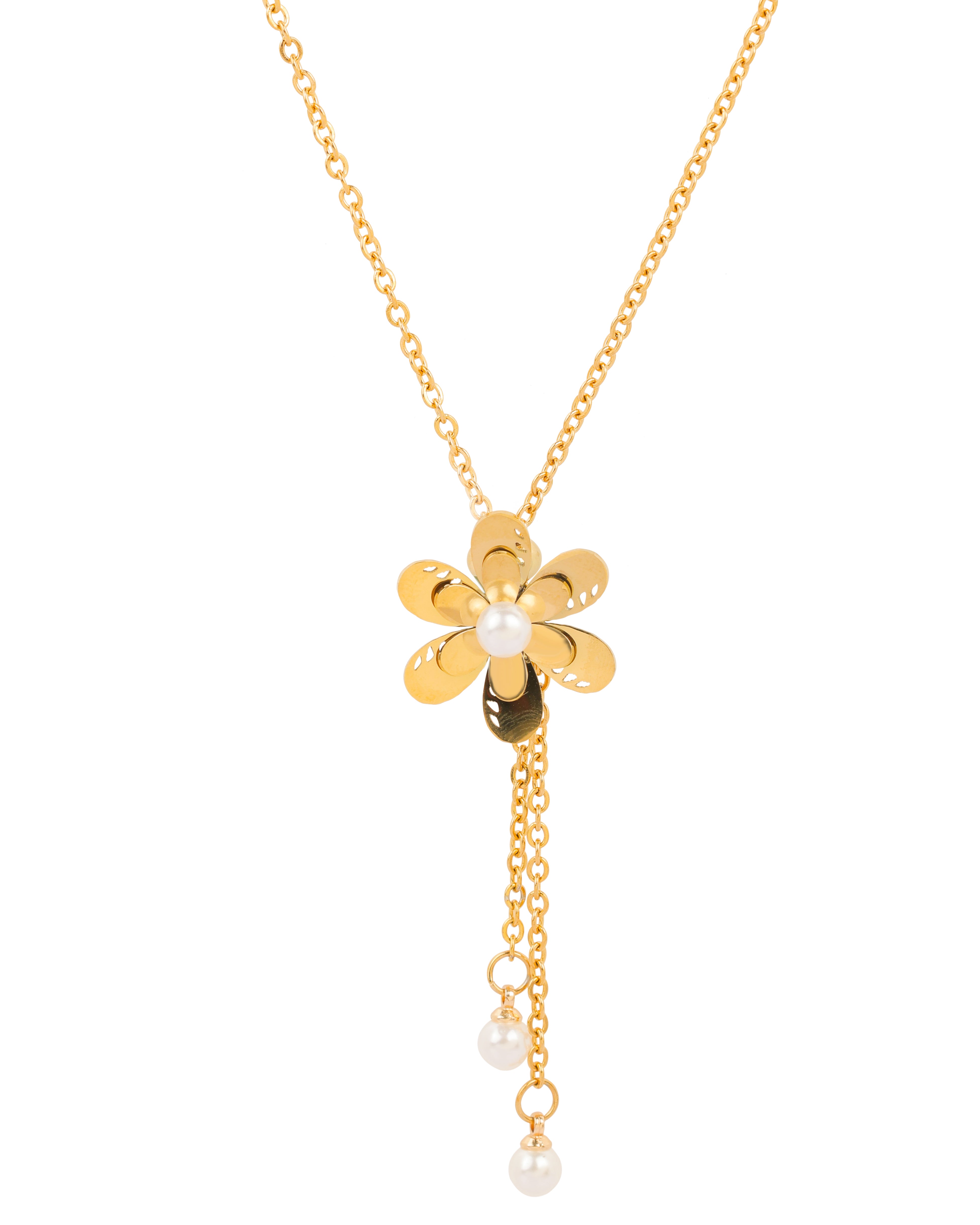 Gold flower pendant necklace with pearl center and dangling pearl accents, delicate chain