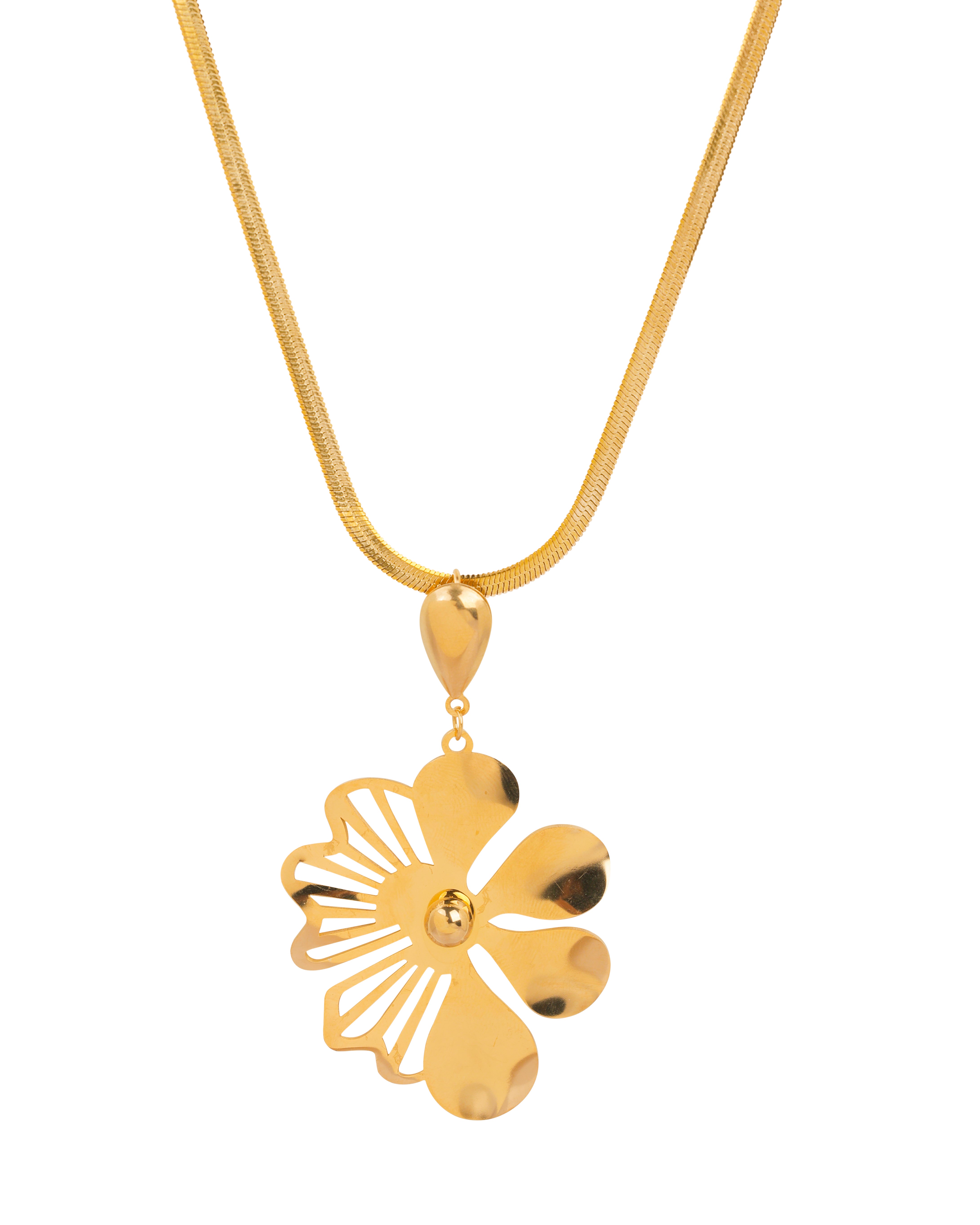 Gold-tone flower pendant necklace with intricate cutout design on chain