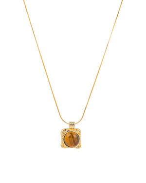Gold chain necklace with a square pendant featuring a brown tiger's eye gemstone, fashion jewellery
