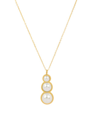 Gold chain necklace with a pendant featuring three graduated white pearls in a vertical gold setting