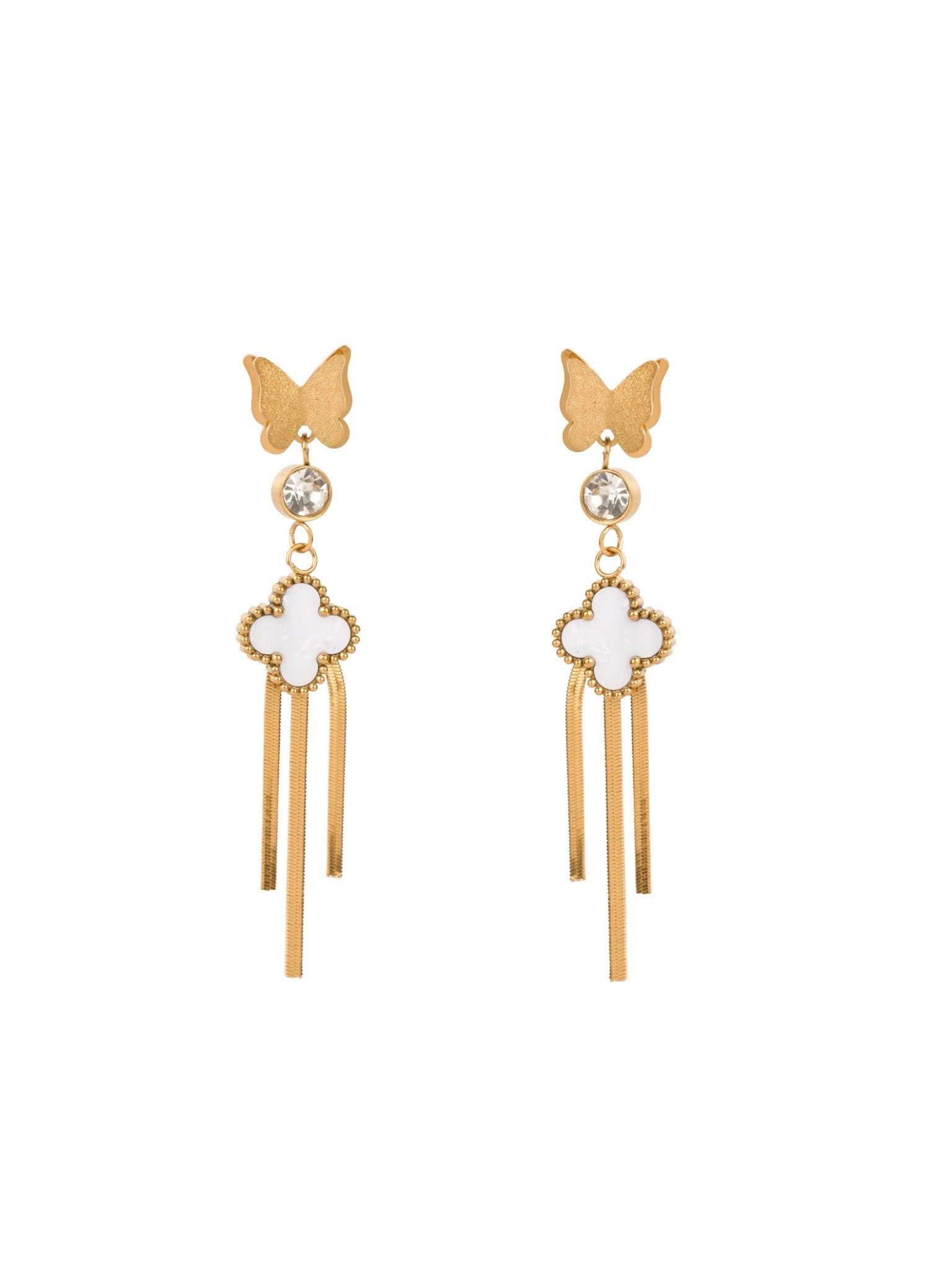 Butterfly Clover Tassel Drops 18 Carat Gold Finished PVD Coated Anti-Tarnish Earrings