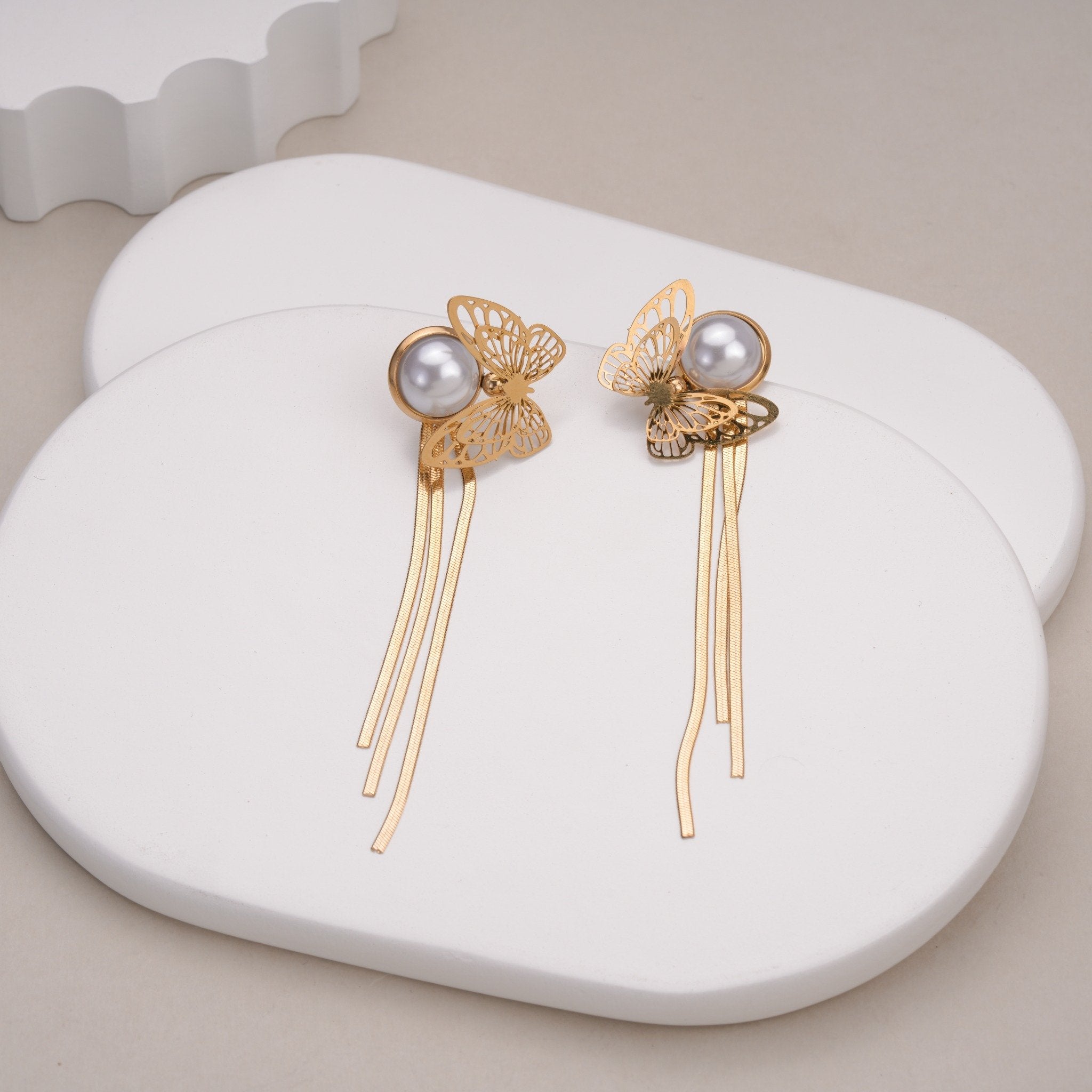 Pearl Papillon Drops 18 Carat Gold Finished PVD Coated Anti-Tarnish Earrings