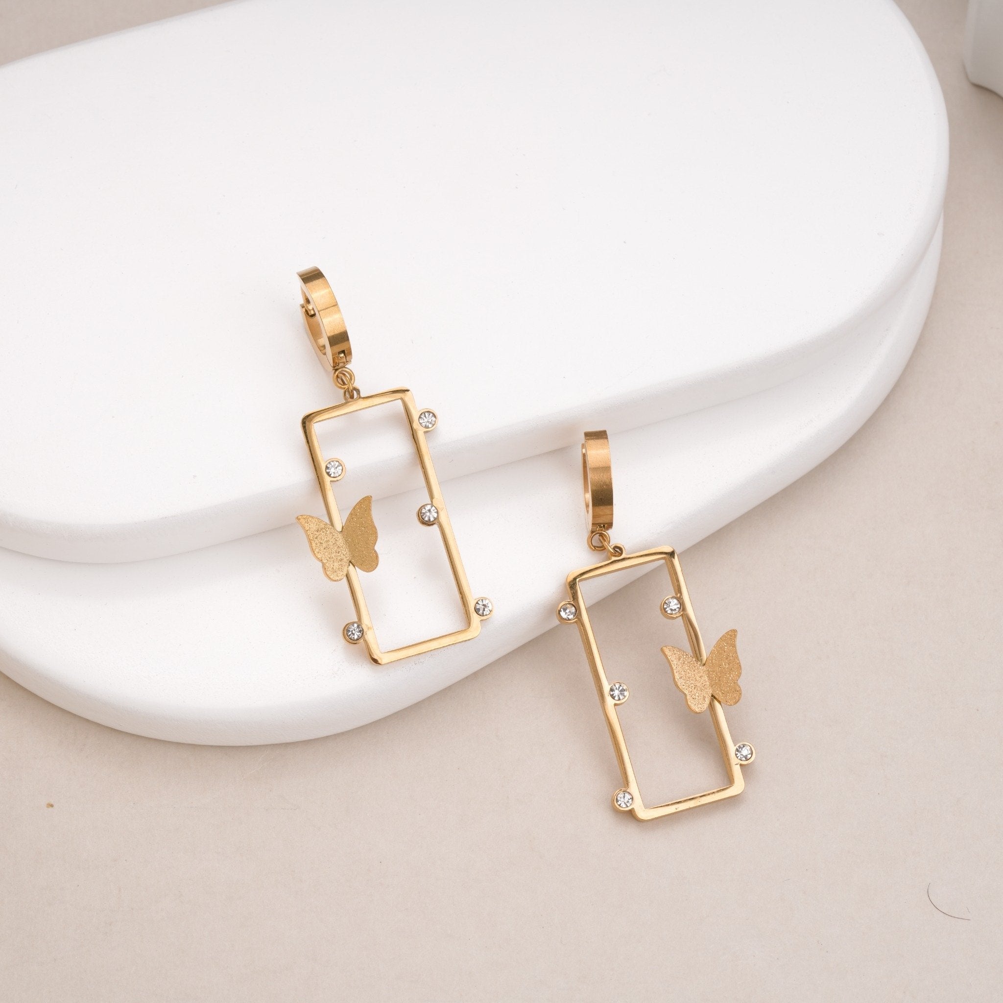 Butterfly Frame Drop 18 Carat Gold Finished PVD Coated Anti-Tarnish Earrings