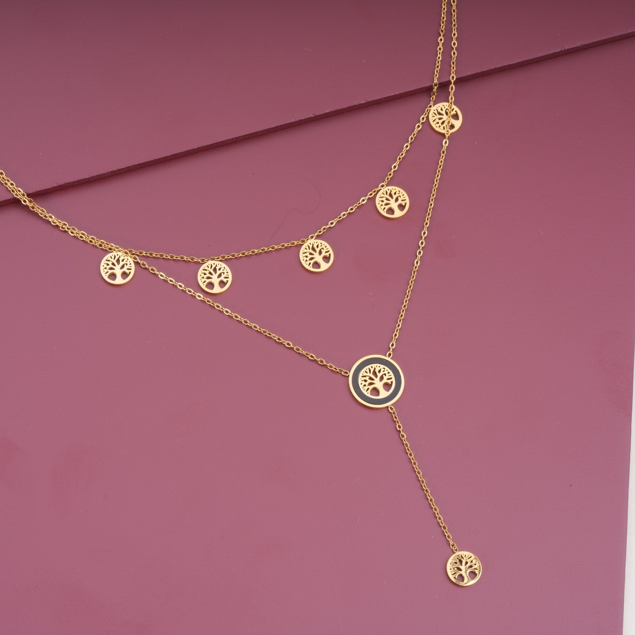 Layered Tree Charm 18 Carat Gold Finished PVD Coated Anti-Tarnish Necklace