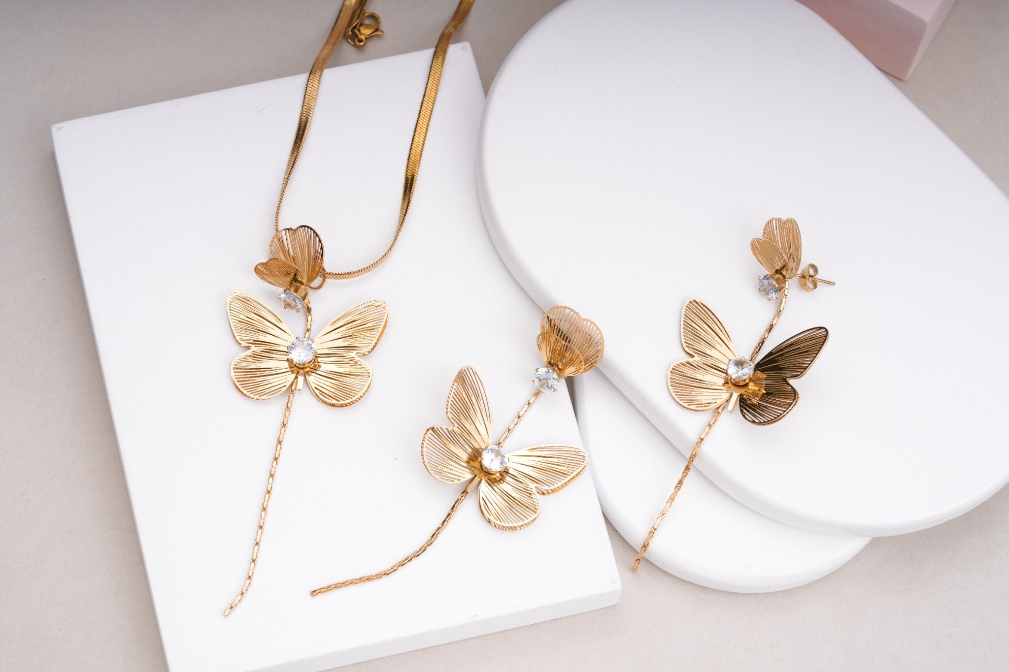 Crystal Butterfly Cascade 18 Carat Gold Finished PVD Coated Anti-Tarnish Set