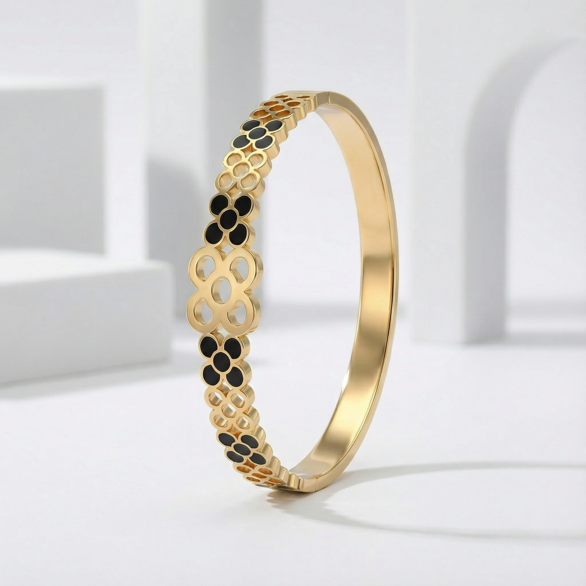 Black Floral Gold  18 Carat Gold Finished PVD Coated Anti-Tarnish Bracelet